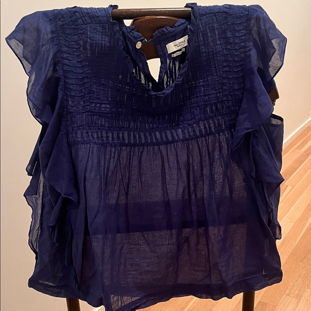 Sheer Navy Ruffle Blouse - Etica